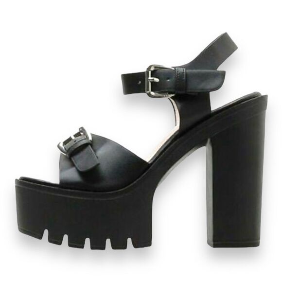 Black Leather Silver Buckle Straps Open Toe Chunky High Heels  NEW - Picture 1 of 4